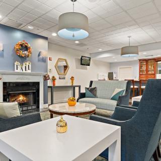 A modern and cozy living room with comfortable seating, a fireplace, and elegant decor.