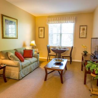 Cozy living room with a sofa and dining area by the window.