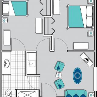A floor plan of a two-bedroom apartment featuring a living room and a bathroom.