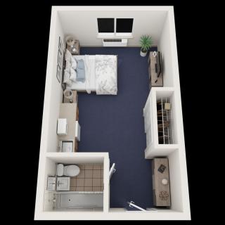 A 3D floor plan of a compact studio apartment featuring a bed, storage solutions, and a bathroom.