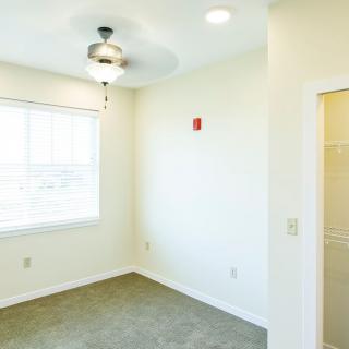 A bright, empty room with a ceiling fan and large window, featuring minimalist white walls and carpet flooring.