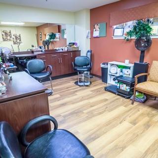 A cozy hair salon interior with styling chairs and mirrors.