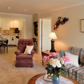 A cozy living room with a brown armchair, patterned sofa, and a flower arrangement on the table. The space opens into a kitchen area.