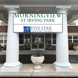 Entrance of Morningview at Irving Park with prominent pillars and signage.
