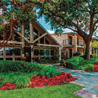 A beautiful house with a lush garden and pathway, surrounded by trees and vibrant flowers.