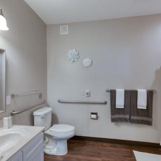 A modern bathroom with accessibility features including handrails and a spacious layout.