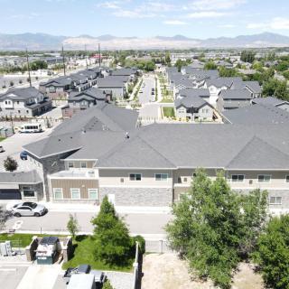 Aerial view of a suburban neighborhood and housing development.