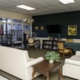 A cozy living room with sofas, a coffee table, bookshelf, and a television.