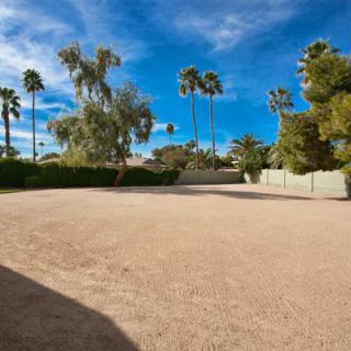 A spacious desert lot surrounded by palm trees and a clear blue sky.
