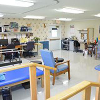 A therapy room equipped for rehabilitation exercises.
