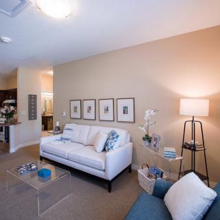 A cozy living room with a sofa, lamp, and wall art.