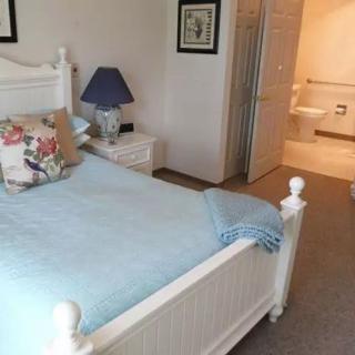 A cozy bedroom with a light blue bedspread and floral pillow, featuring a bedside table and lamp.