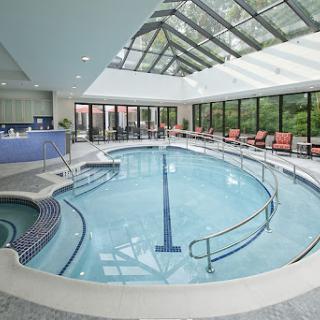 A serene indoor swimming pool featuring a glass ceiling and comfortable lounge chairs, perfect for relaxation.