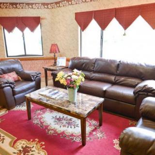 A cozy living room with a brown sofa set, decorated with a red carpet and floral curtains.