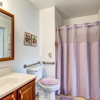 A tidy bathroom with a wooden vanity, mirror, and lavender-themed decor.