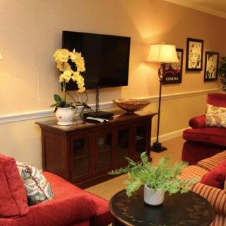A cozy living room with red sofas, a mounted TV, and decorative plants.