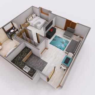 A 3D rendered floor plan of an apartment featuring a bedroom, bathroom, and living area.