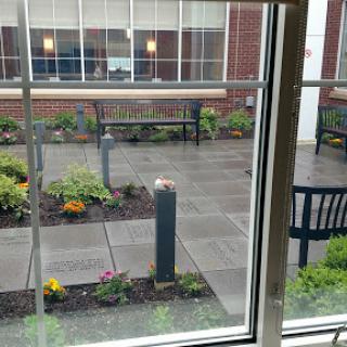 A view of a serene courtyard featuring benches and landscaped plants.