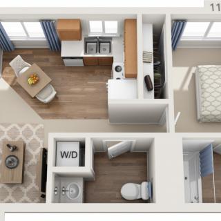 A top-down view of a one-bedroom apartment floor plan featuring a kitchen, living room, bedroom, and bathroom.