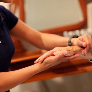 A caregiver providing support and assistance to an elderly person.
