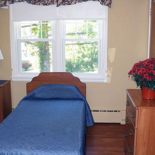 A cozy bedroom with a single bed and blue bedding, featuring a window with a view, a nightstand, and a dresser with an indoor plant.