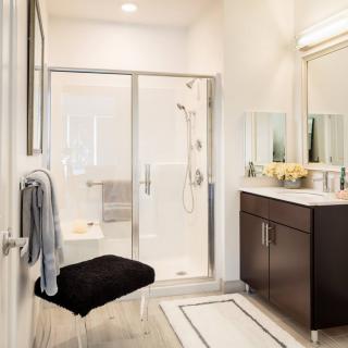 A modern bathroom featuring a spacious shower, sleek vanity with a large mirror, and stylish decor.