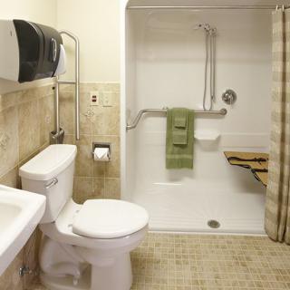 An accessible bathroom with a shower, toilet, and sink equipped with grab bars.