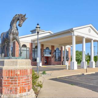 A building entrance with a horse statue and classical columns.