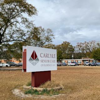 The Carlyle Community sign displayed prominently in a grassy area under a cloudy sky.