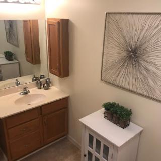 A cozy bathroom featuring a vanity, mirror, and decorative elements for a modern touch.