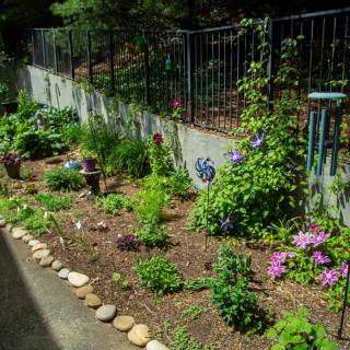 A well-maintained garden with various flowers and plants alongside a black metal fence.