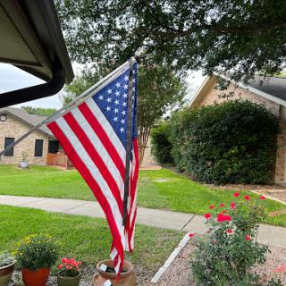 A bright American flag waving in front of a peaceful neighborhood.