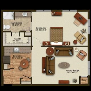 One-bedroom apartment floor plan with living room, kitchen, dining area, and bathroom.