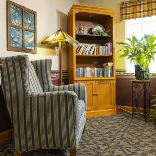A cozy living room corner with a striped armchair, wooden bookshelf, lamp, and a potted plant by the window.