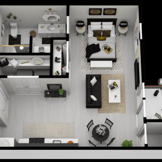 Modern apartment floor plan with a bedroom, living room, kitchen, and bathroom.