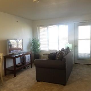 A minimalist living room featuring a sofa, television on a stand, and natural light from large windows.