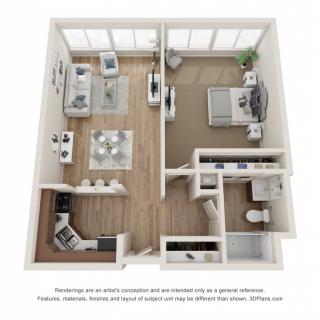 3D floor plan of a one-bedroom apartment featuring an open living and dining area, kitchen, bedroom, and bathroom.