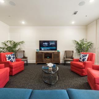 A modern living room with red chairs, a sofa, and a TV, complemented by plants and a central coffee table.