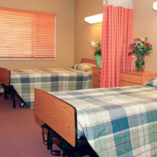 A shared hospital room with two beds and a floral arrangement.