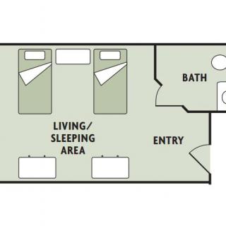 A simple floor plan showing a combined living and sleeping area with two beds, an entryway, and a bathroom.