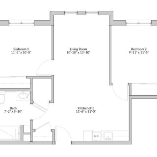 A floor plan showing the layout of an apartment with two bedrooms, a living room, kitchen, and bathroom.