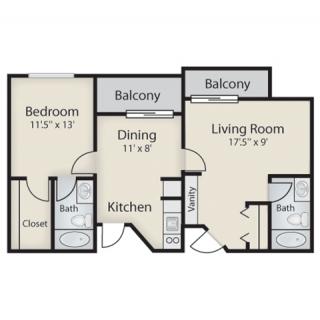A floor plan of an apartment featuring one bedroom, a living room, kitchen, dining area, two bathrooms, and two balconies.
