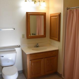 A simple bathroom with a wooden vanity, mirror, and shower curtain.