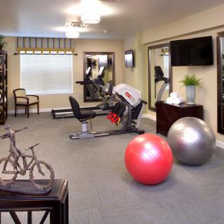 A small gym with exercise equipment and exercise balls.