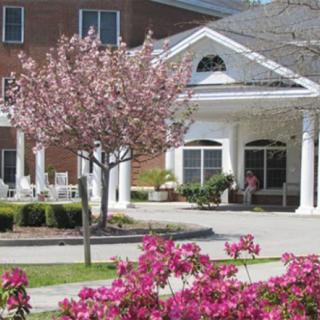 Beautiful building entrance with blooming trees and flowers.
