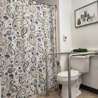 A tastefully decorated bathroom featuring a patterned shower curtain and accessibility support beside the toilet.