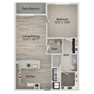 A floor plan of a one-bedroom apartment featuring a kitchen, living/dining area, bathroom, and patio.