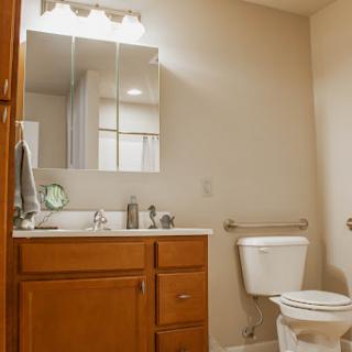 A clean and modern bathroom with wooden cabinetry and a well-lit mirror.