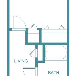 A simple floor plan showing a living area adjacent to a bathroom.