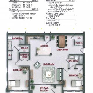 A floor plan showing the layout of an apartment, including labeled rooms and furniture placement.